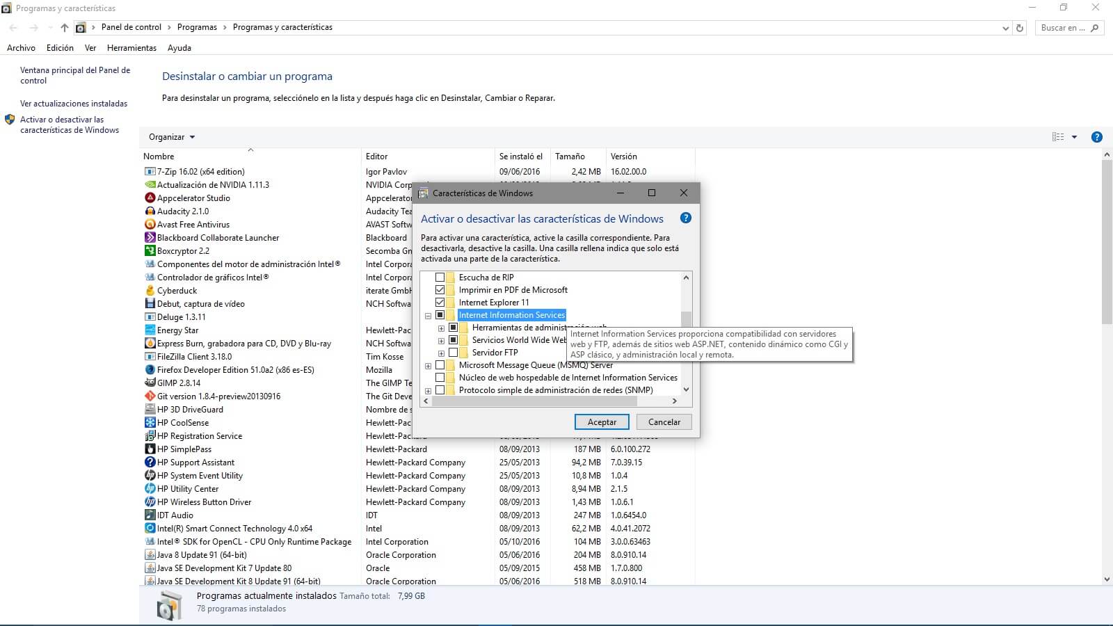 instalar iis windows 10